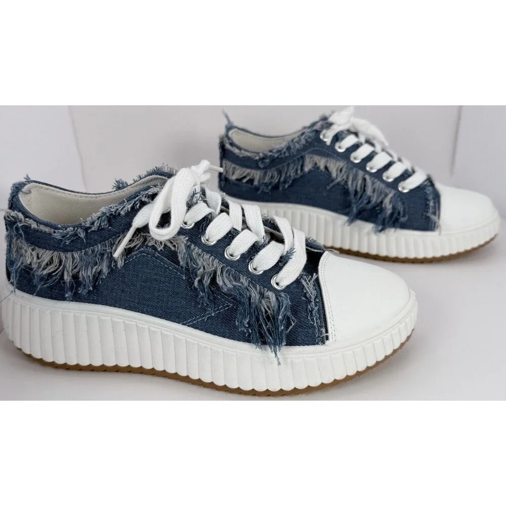 Yoki Denim Platform Sneakers Frayed Distressed Grunge Y2K Shoes Womens 9